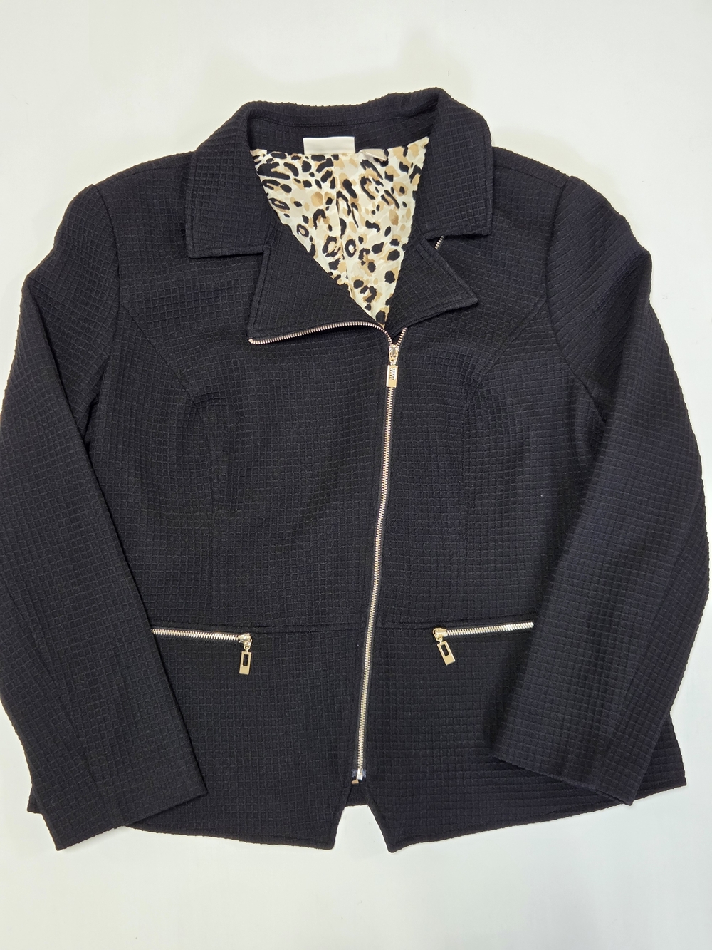 Chico's Women's Black Waffle Asymmetrical Moto Jacket Size-2 (USLarge)